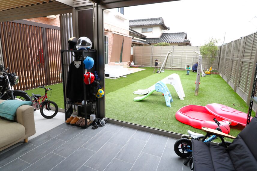 米子市 外構リフォーム バイクや趣味用品を収納したガレージ