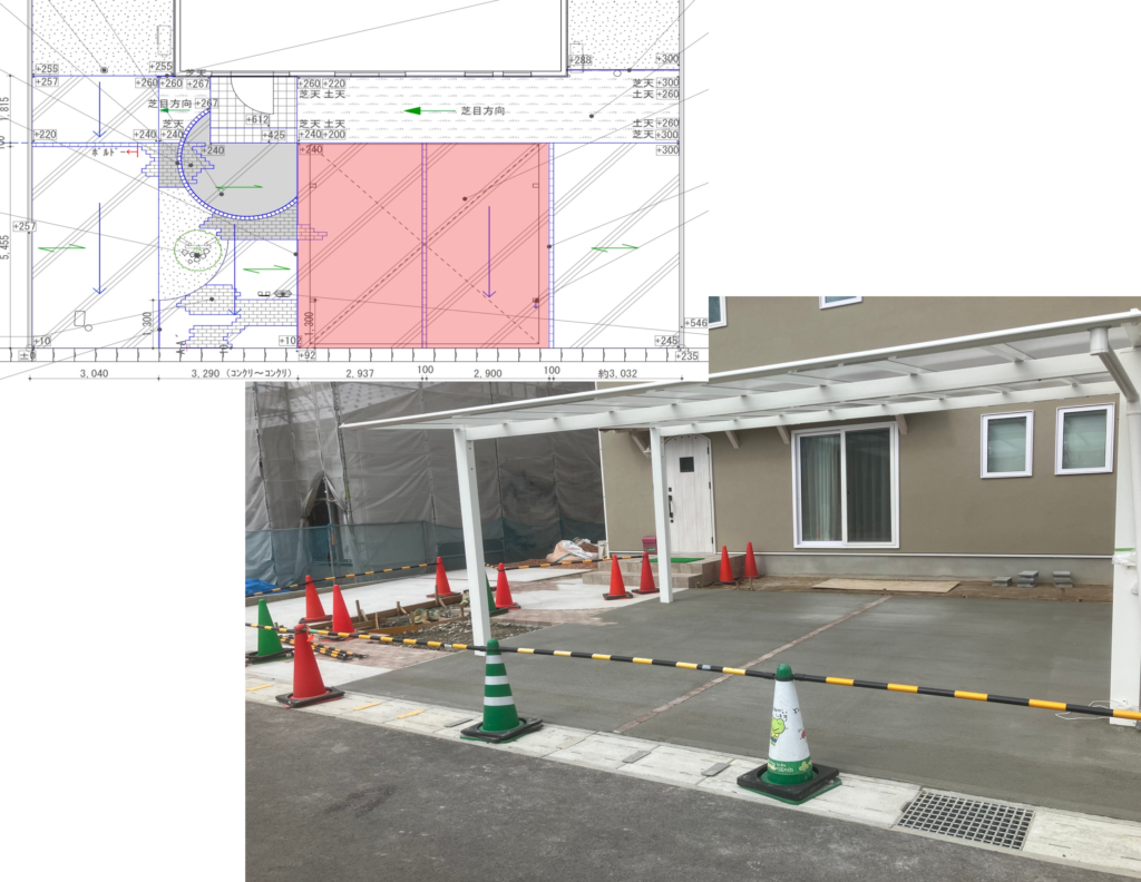 米子市 外構工事 カーポート設置工事中の施工図と現場写真